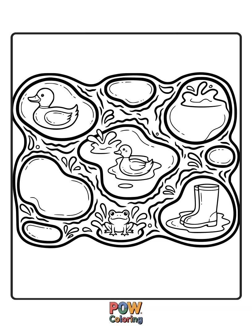 Free coloring page of A rug designed to look like a happy, splashing puddle. Imagine the fun of coloring this playful, watery scene.