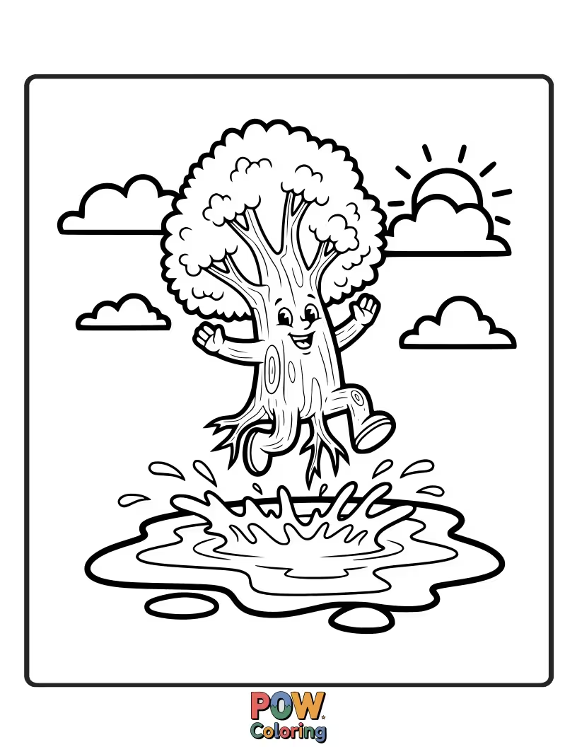Free coloring page of A playful poplar tree, gleefully splashing in puddles with its leafy branches.