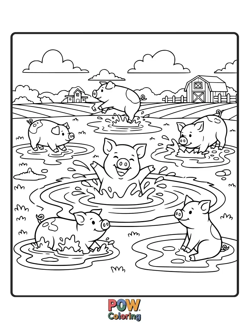 Free coloring page of Muddy pigs gleefully splashing in a giant, bubbly puddle on a rainy farm day.
