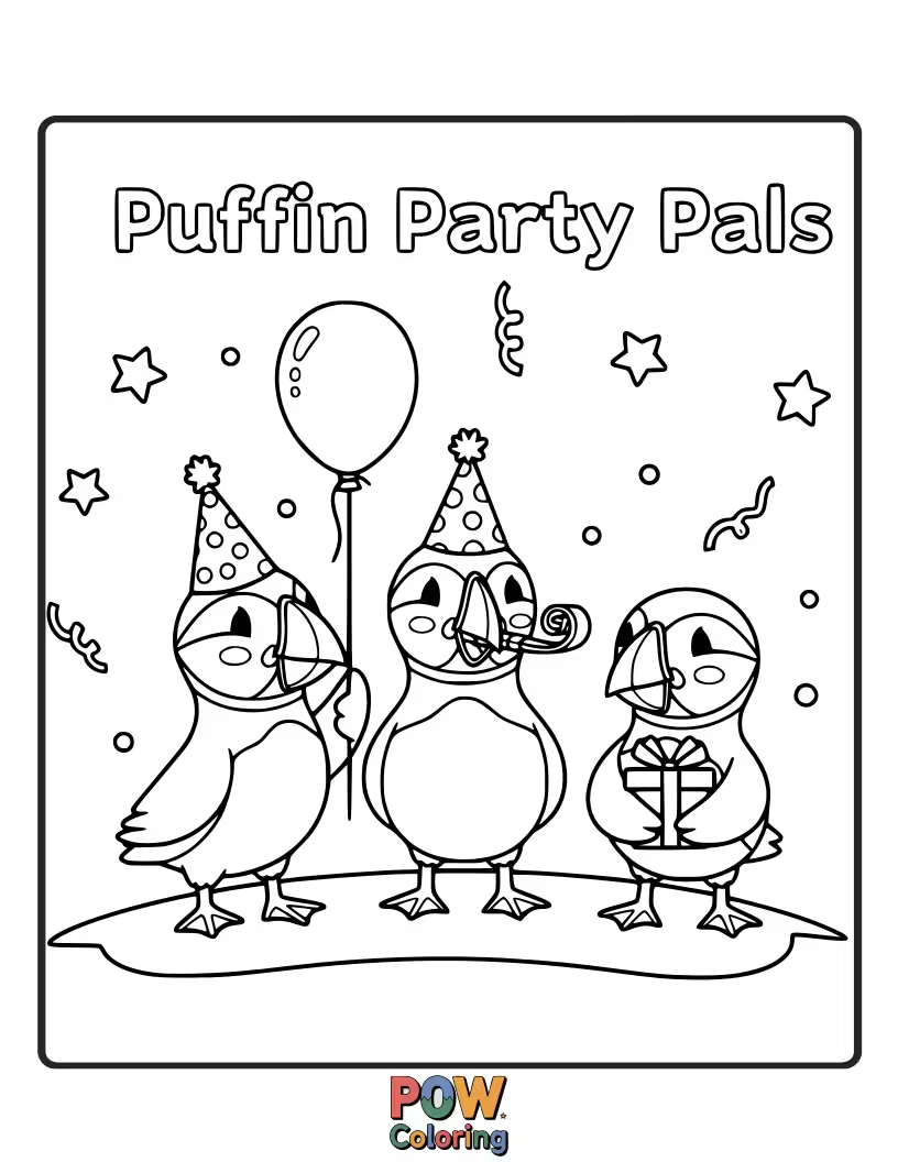 Free coloring page of A group of cheerful puffins gathered together, looking ready for a fun, seaside celebration.