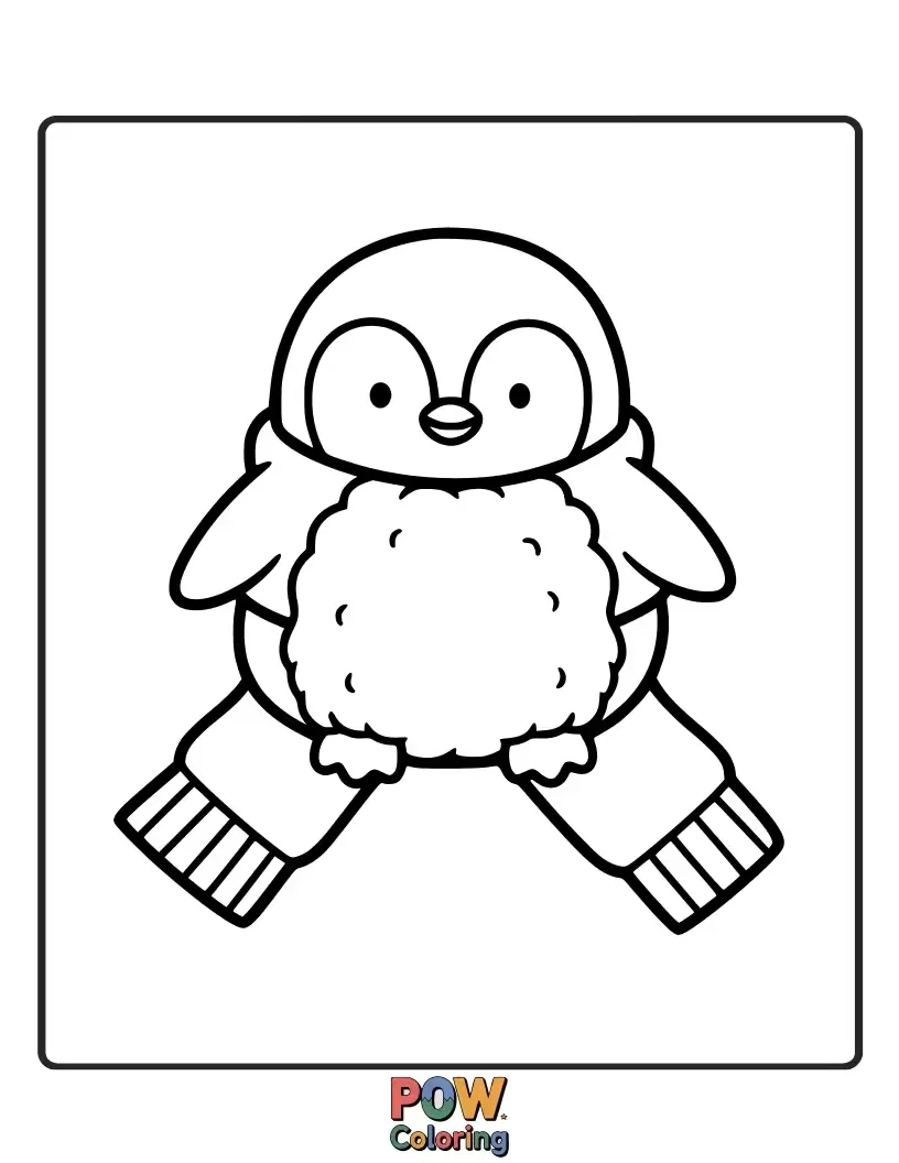 Free coloring page of A happy penguin waddling along with a wonderfully warm, oversized scarf. Embrace the joy of winter fun.