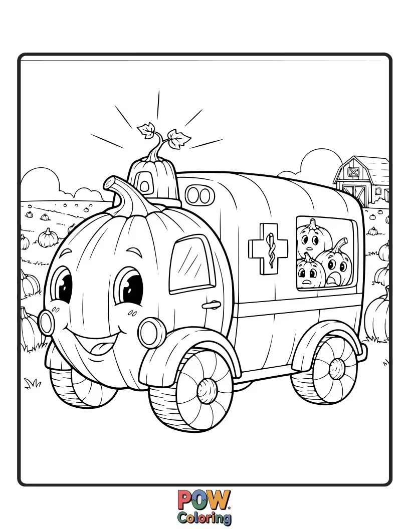 Free coloring page of A festive ambulance made from a carved pumpkin, perfect for autumn emergencies.