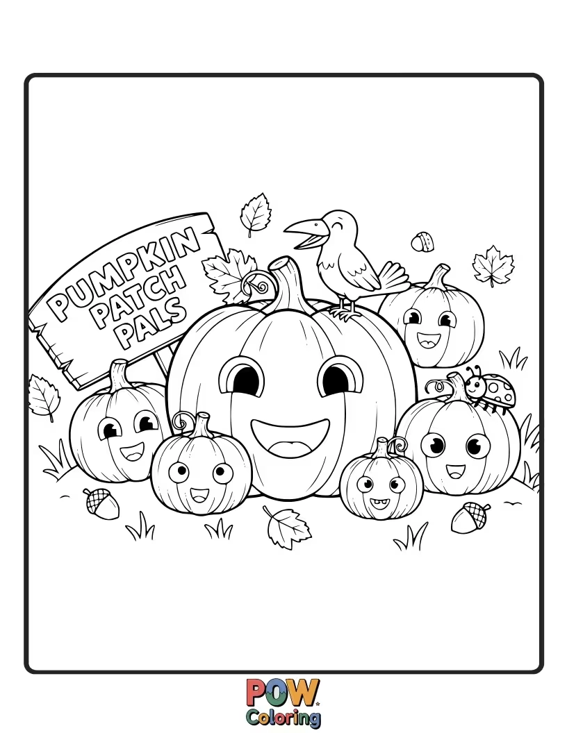 Free coloring page of Happy children wearing pilgrim hats pick out the perfect pumpkins in a charming pumpkin patch. Sweet and festive!