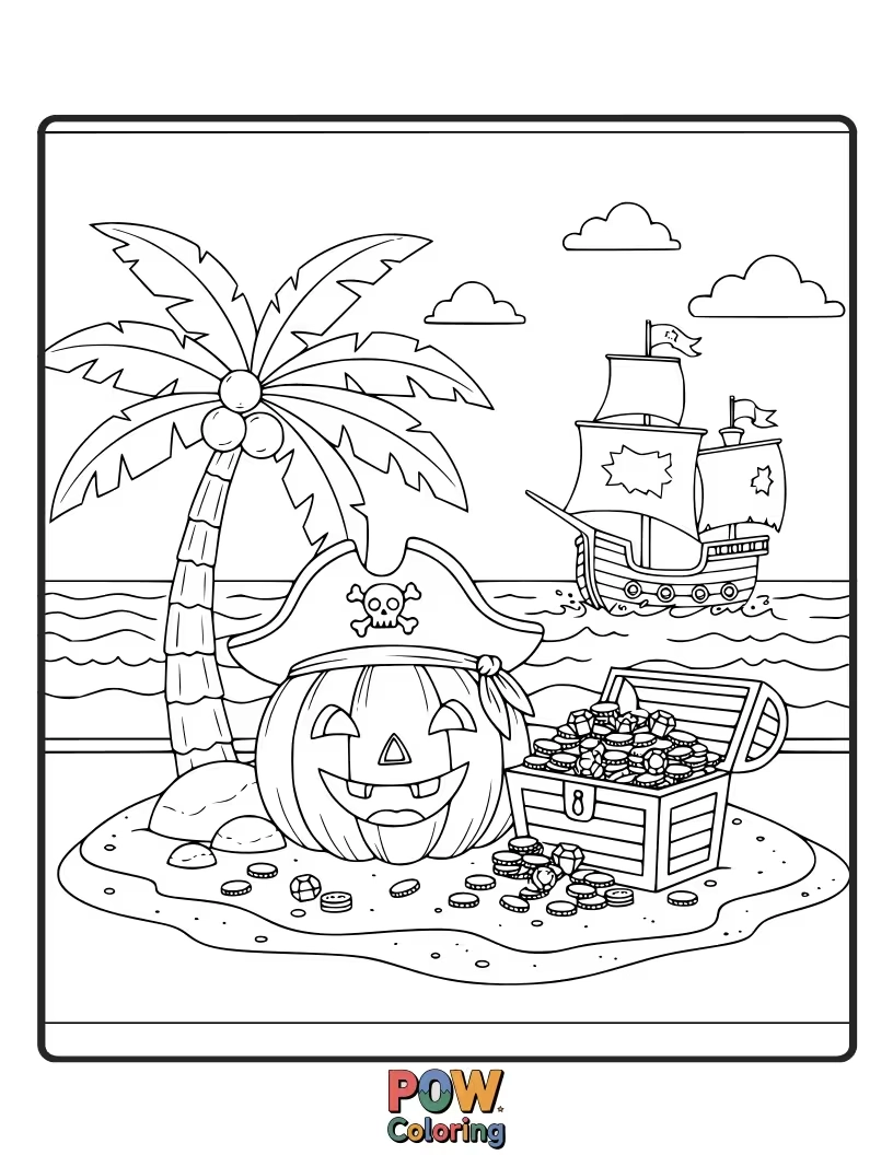 Free coloring page of A buccaneer pumpkin with an eyepatch and a tiny treasure chest overflowing with candy.