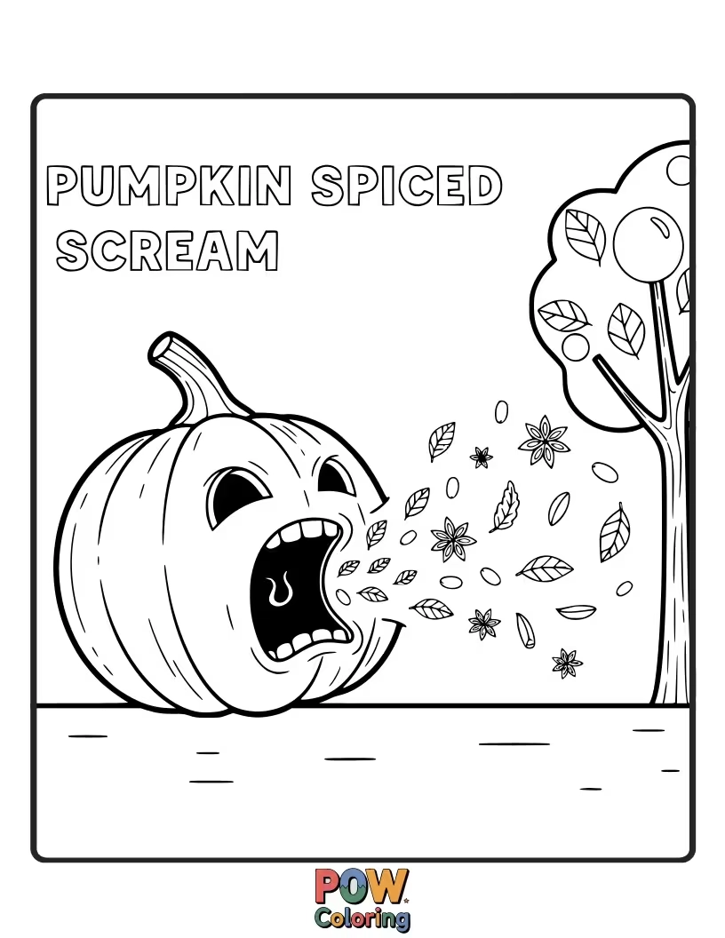 Free coloring page of This silly pumpkin is so spicy it's screaming with joy, holding a steaming mug.
