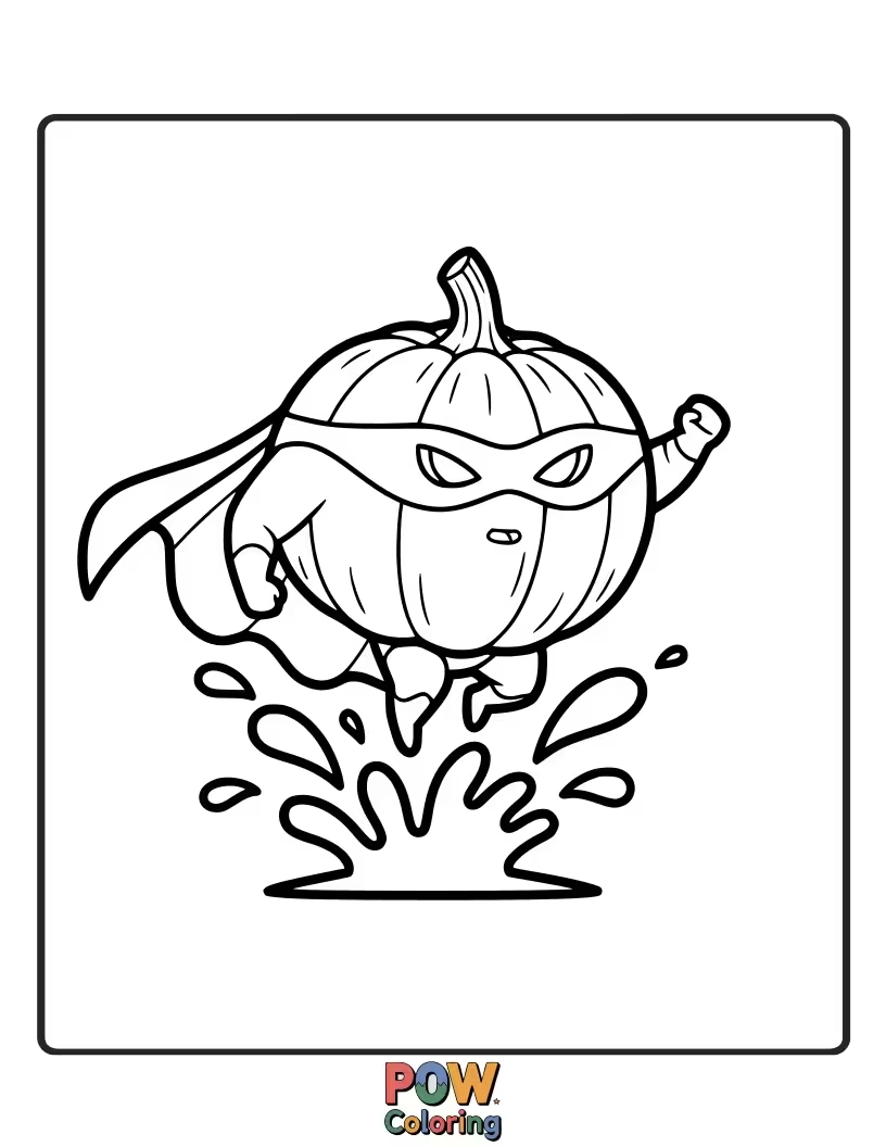 Free coloring page of A muscular pumpkin sporting a cape and mask, leaping over a puddle with heroic flair.