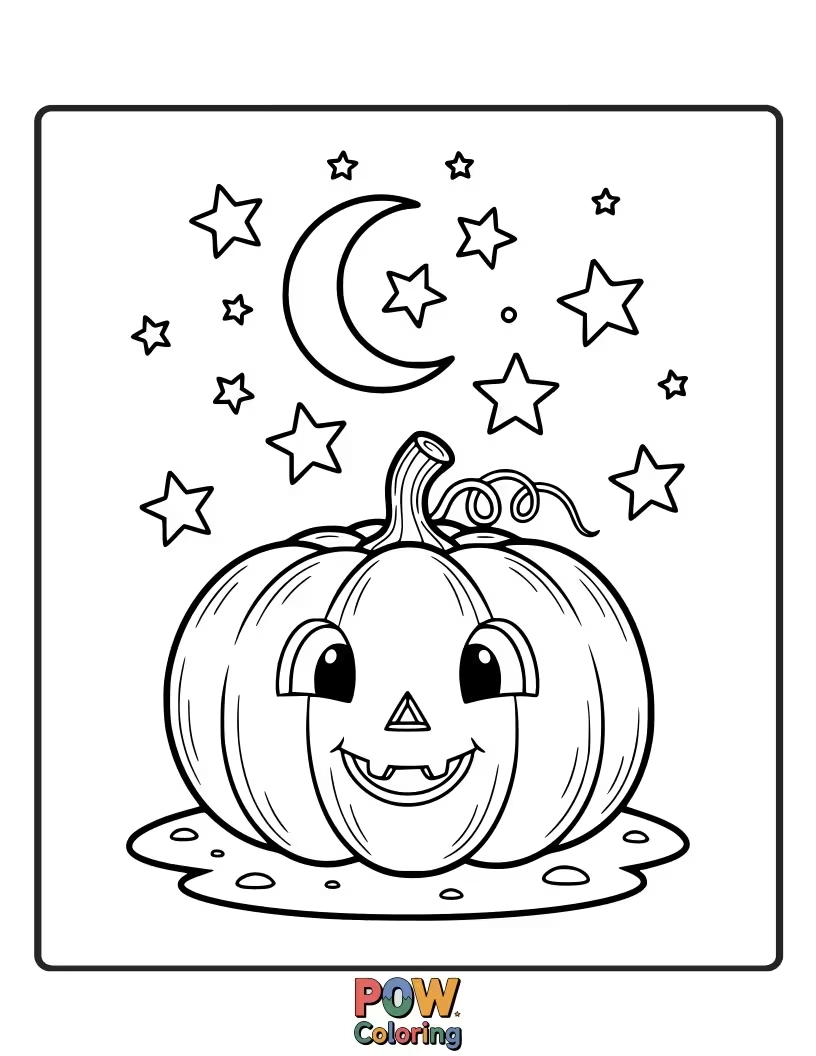Free coloring page of A sleepy pumpkin nestled in soft grass, gazing up at a starry night sky.