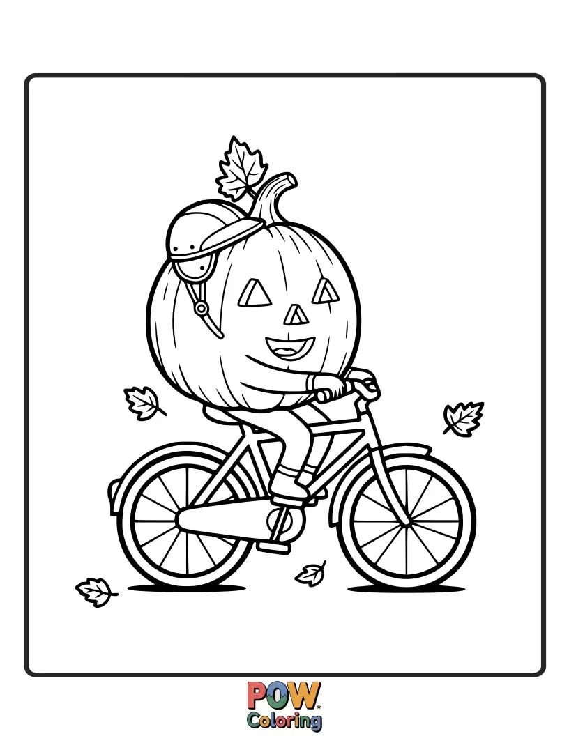 Free coloring page of A determined pumpkin pedaling a small bicycle with a basket filled with autumn leaves.