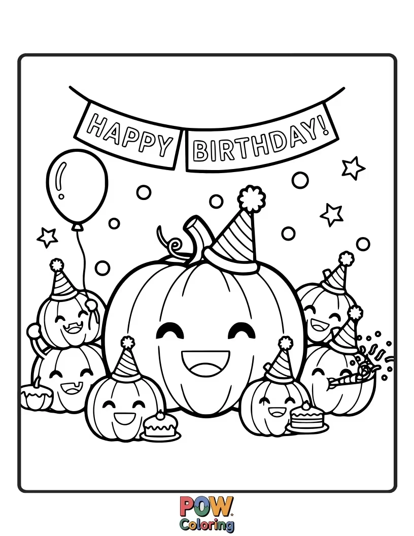 Free coloring page of A festive pumpkin wearing a party hat, surrounded by balloons and confetti, celebrating its big day.