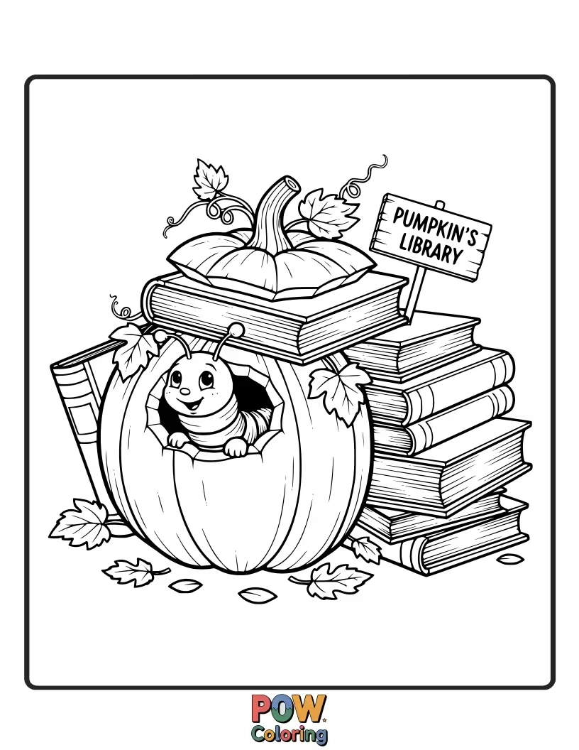 Free coloring page of A studious pumpkin wearing glasses, surrounded by stacks of books, lost in a story.