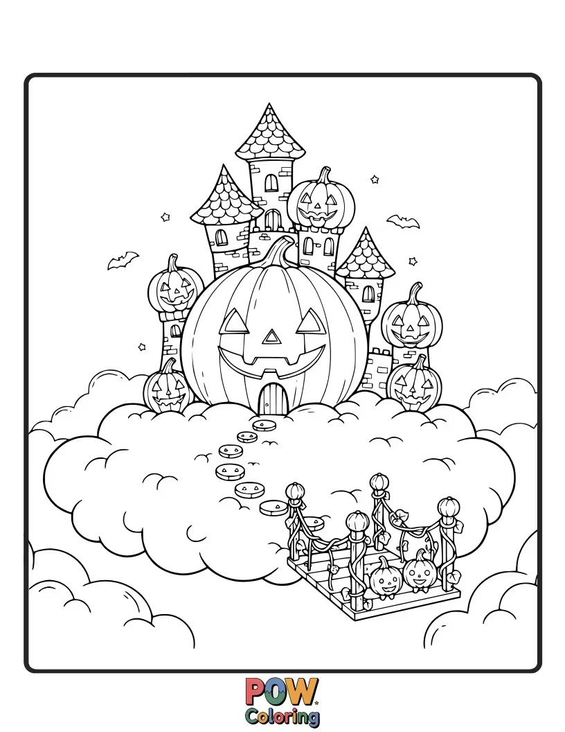 Free coloring page of A whimsical pumpkin sitting on a fluffy cloud, looking up at a castle in the sky.