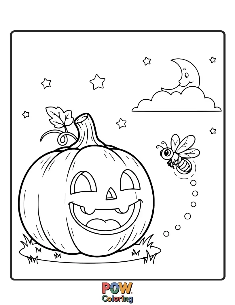 Free coloring page of A gentle pumpkin watching a swarm of glowing fireflies light up the evening.
