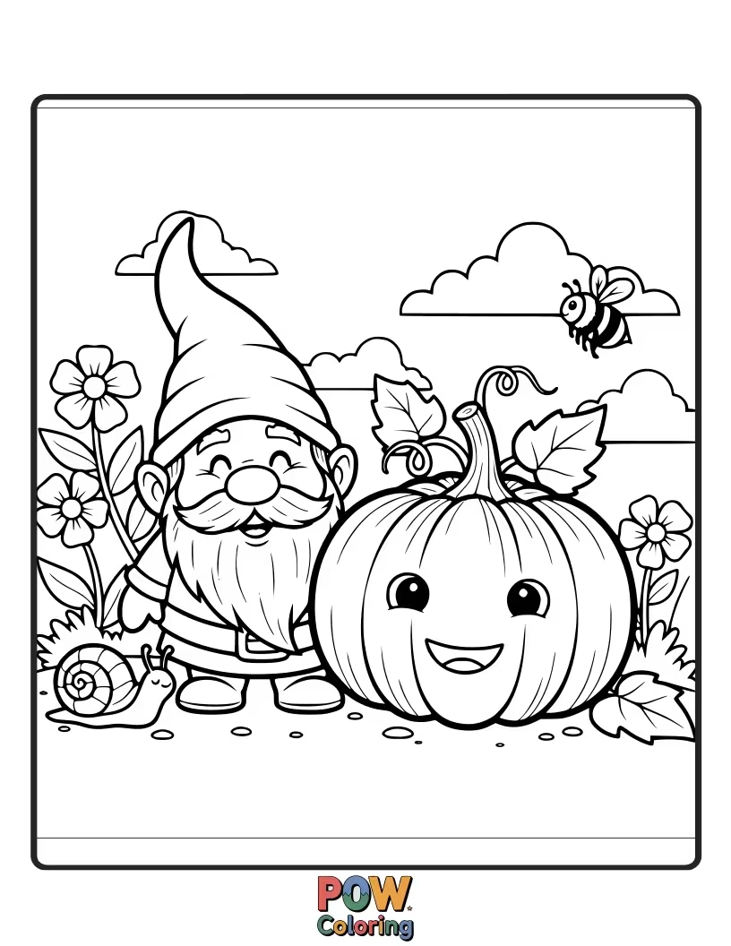 Free coloring page of A friendly pumpkin sitting beside a tiny, smiling garden gnome in a flower patch.