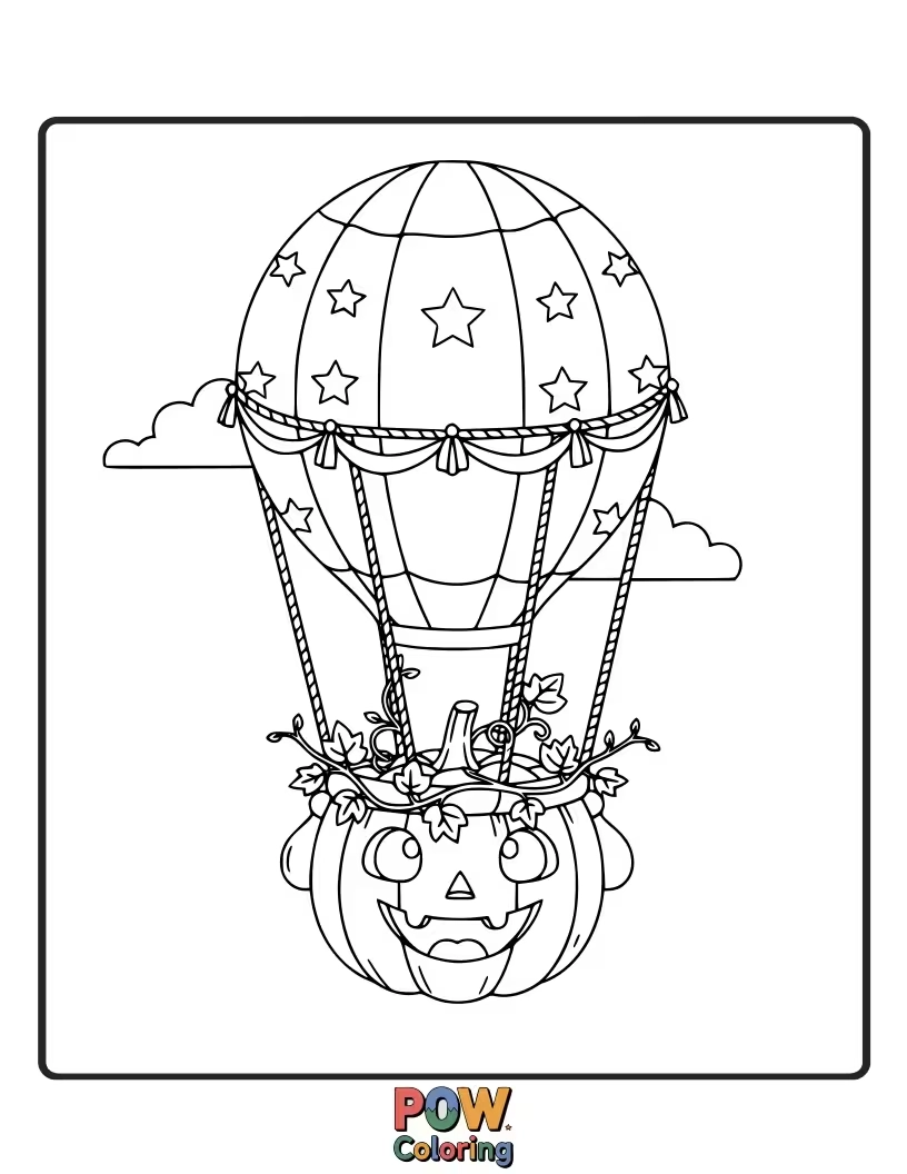 Free coloring page of A brave pumpkin floating in a whimsical hot air balloon decorated with autumn motifs.