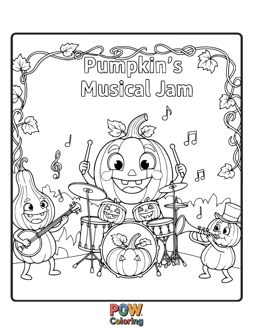 Free coloring page of An energetic pumpkin playing a ukulele with a cheerful expression, surrounded by musical notes.
