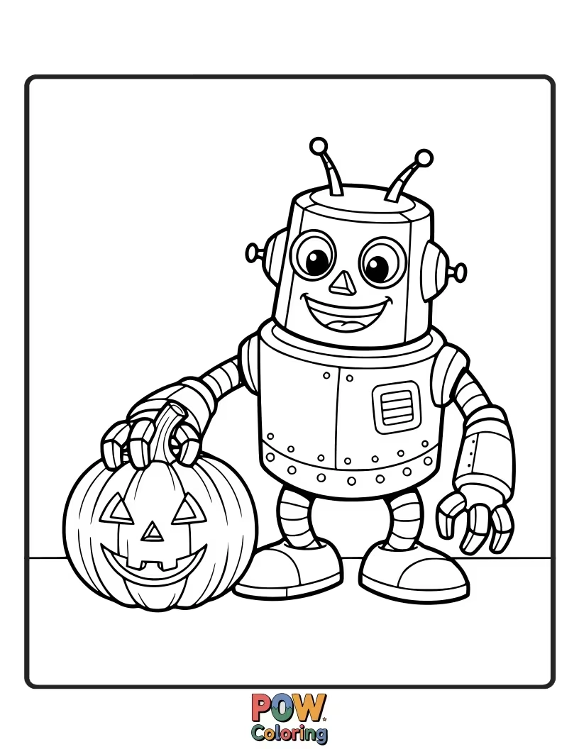 Free coloring page of A friendly pumpkin waving hello to a clunky, retro-style robot friend.