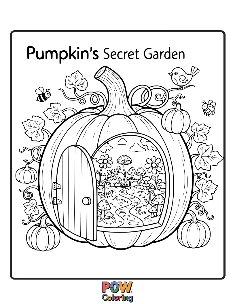 Free coloring page of A curious pumpkin peeking through a vine-covered gate into a magical, hidden garden.