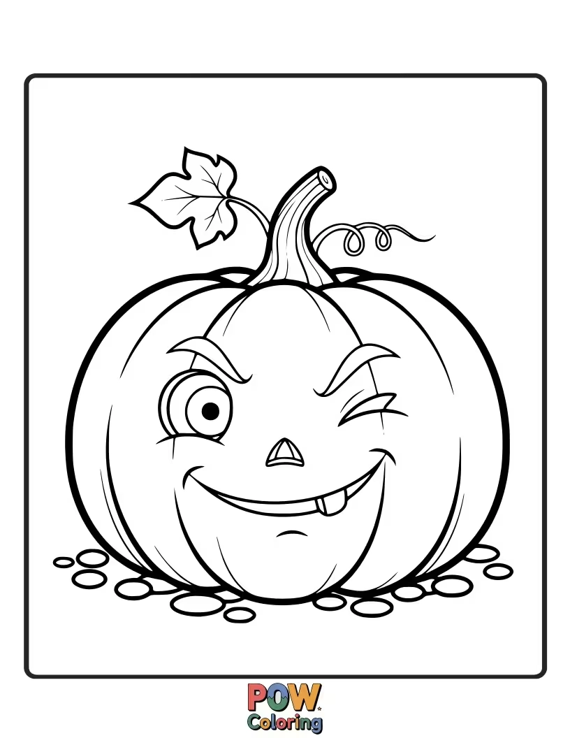 Free coloring page of A pumpkin with a shy smile, peeking out from behind a large, colorful leaf.