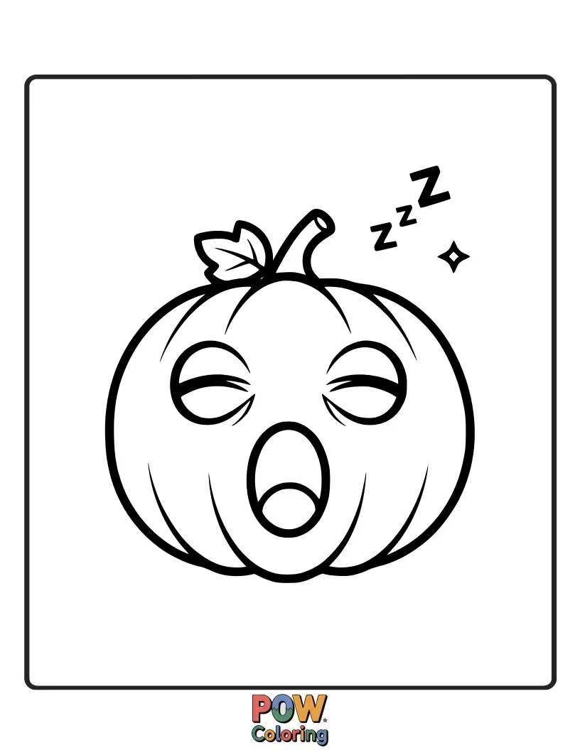 Free coloring page of A very tired pumpkin letting out a huge, wide yawn, ready for bed.
