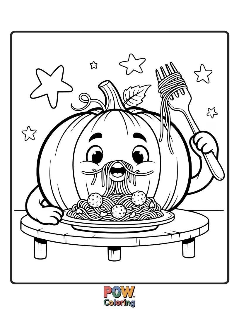 Free coloring page of A delighted pumpkin happily slurping a giant plate of spaghetti with a fork.