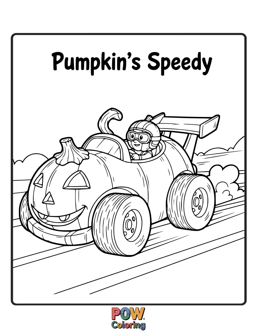 Free coloring page of A competitive pumpkin driving a sleek, fast racecar with flames on the side.