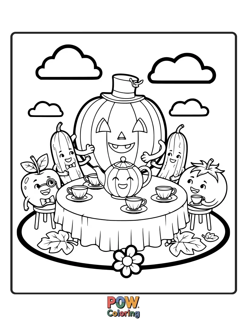 Free coloring page of A sophisticated pumpkin with a teacup, enjoying a fancy tea party with tiny cookies.