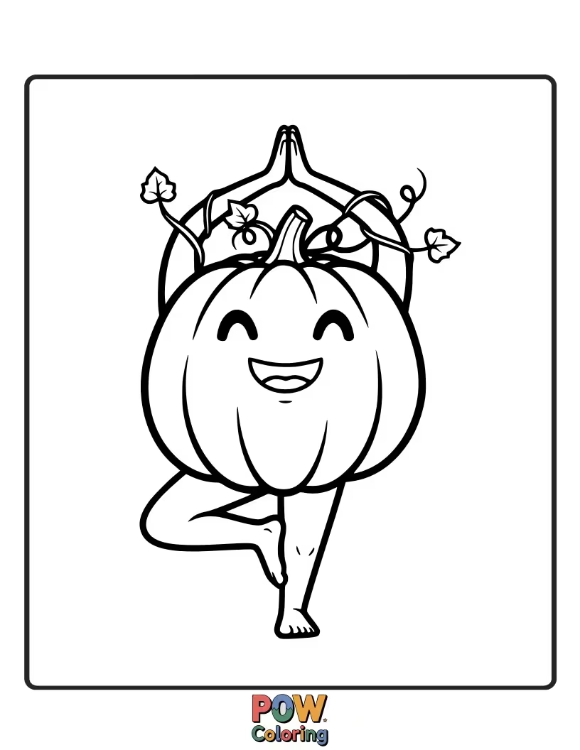 Free coloring page of A calm pumpkin in a surprisingly flexible yoga pose, radiating inner peace.