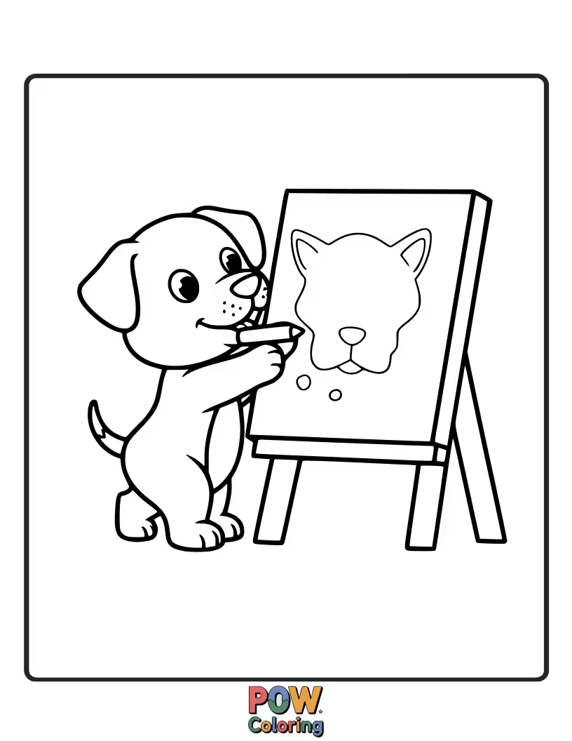 Free coloring page of Artistic puppy holding a paintbrush with colorful paint splatters.