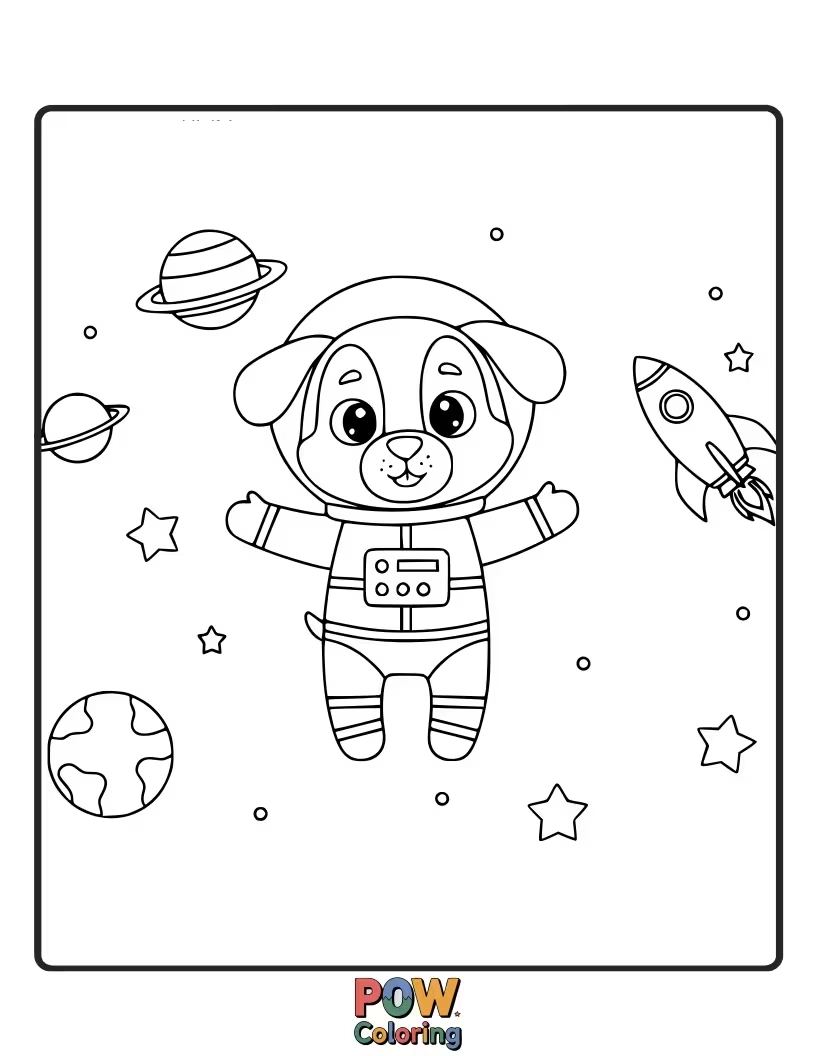 Free coloring page of Cute puppy in a space helmet floating next to a friendly alien.