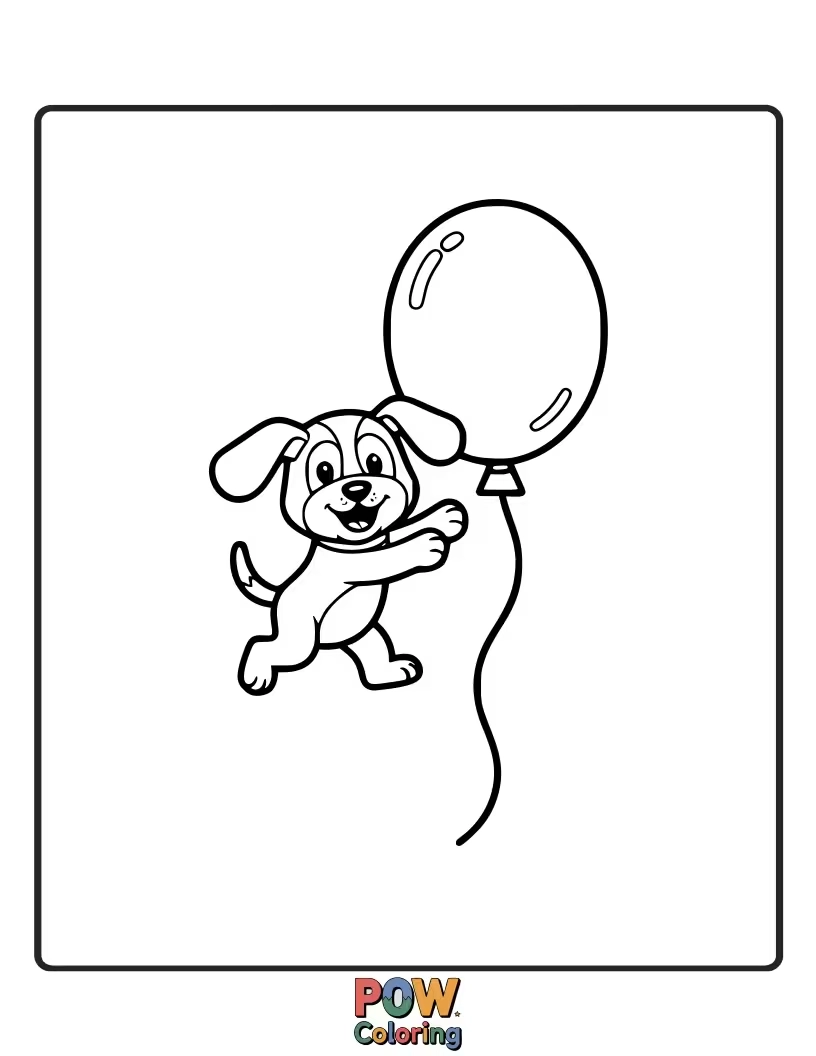 Free coloring page of Sweet puppy drifting in a basket held by colorful balloons.