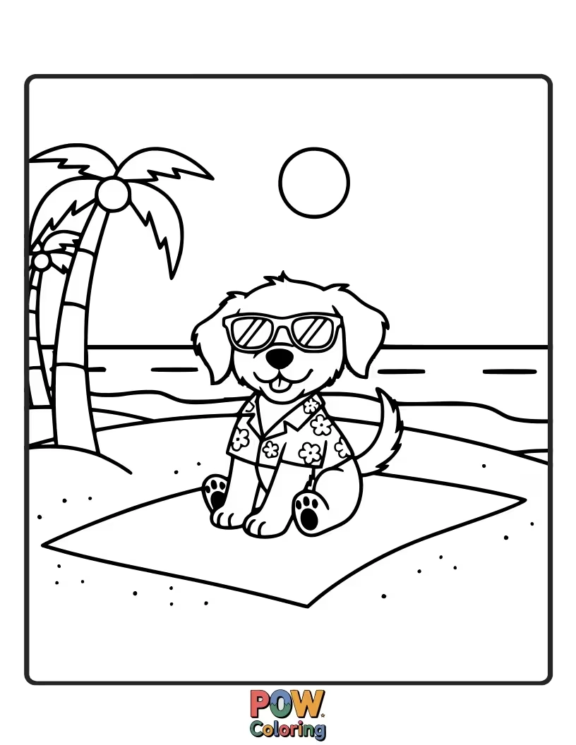 Free coloring page of Funny puppy wearing sunglasses, digging a hole on a sandy beach.