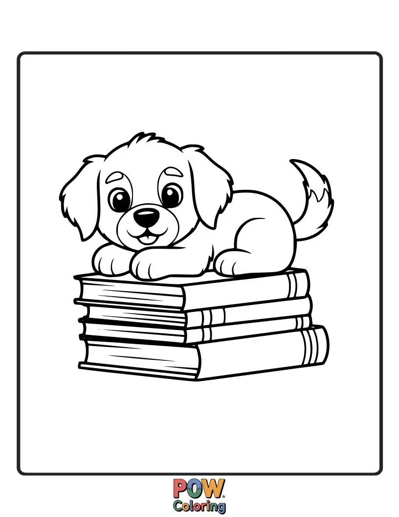 Free coloring page of Cute puppy wearing glasses, engrossed in reading a large book.