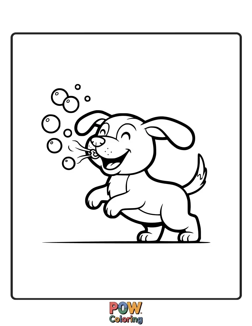 Free coloring page of Energetic puppy chasing and popping colorful bubbles.