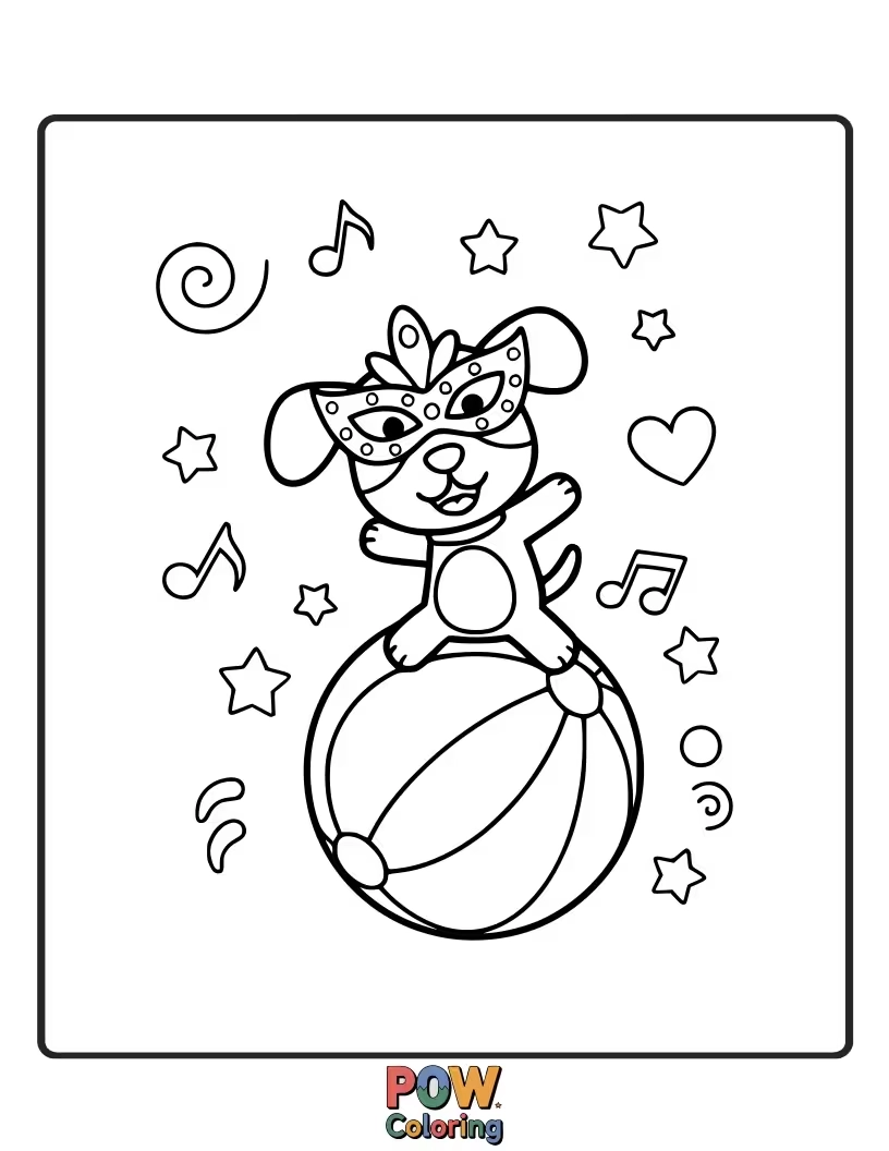 Free coloring page of Happy puppy riding a carousel horse at a lively carnival.