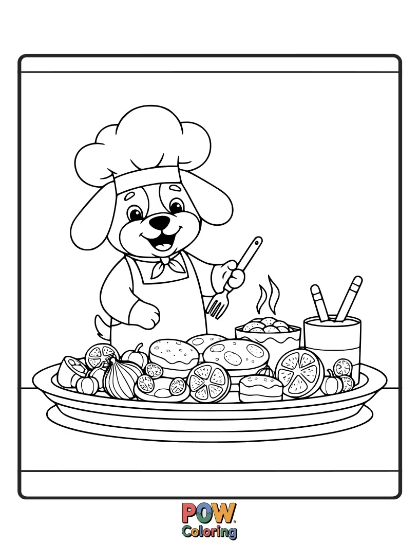 Free coloring page of Adorable puppy chef frosting a large cupcake with a happy expression.