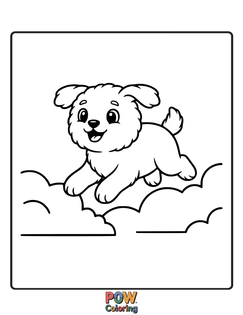 Free coloring page of Playful puppy jumping on soft clouds high in the sky.