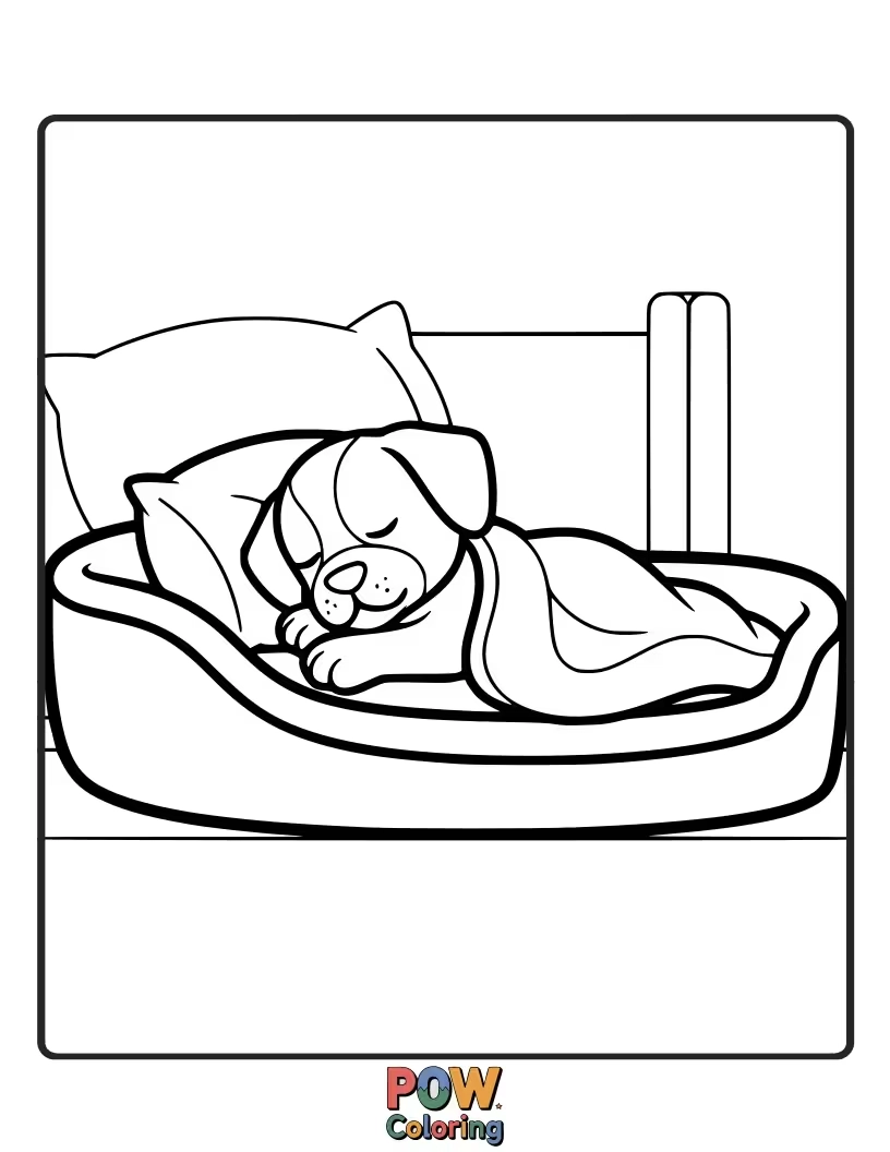 Free coloring page of Peaceful puppy sleeping curled up in a blanket by a fire.