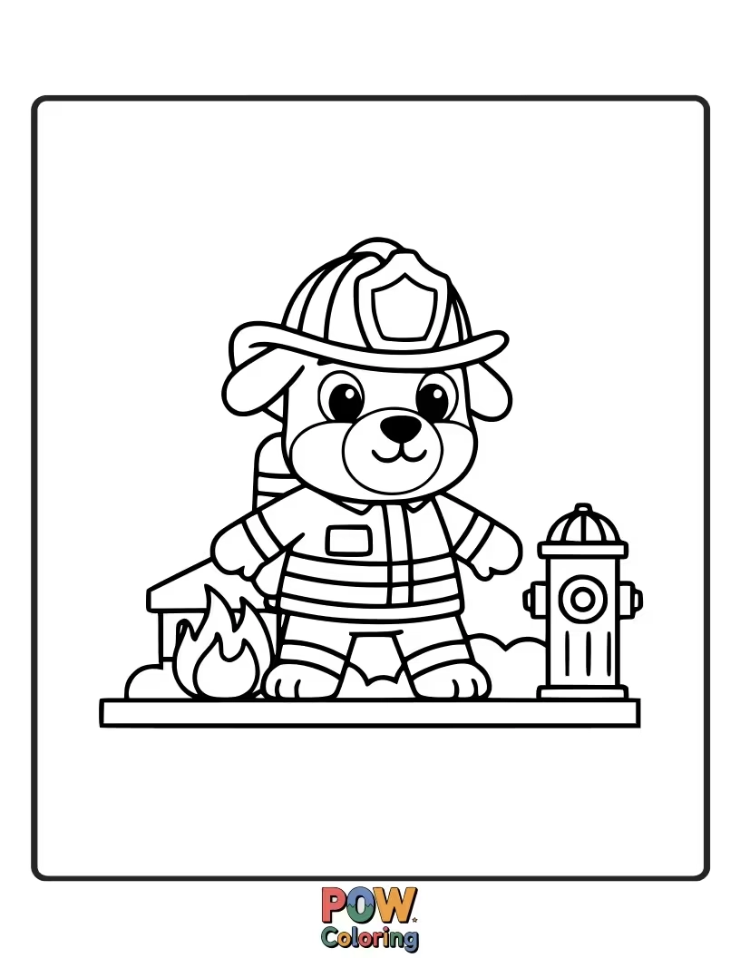 Free coloring page of Little puppy firefighter in a helmet bravely spraying a hose.