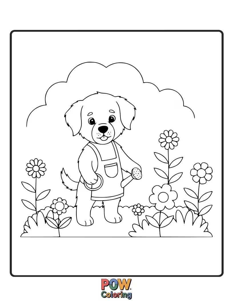 Free coloring page of Sweet puppy with a watering can tending to blooming flowers.