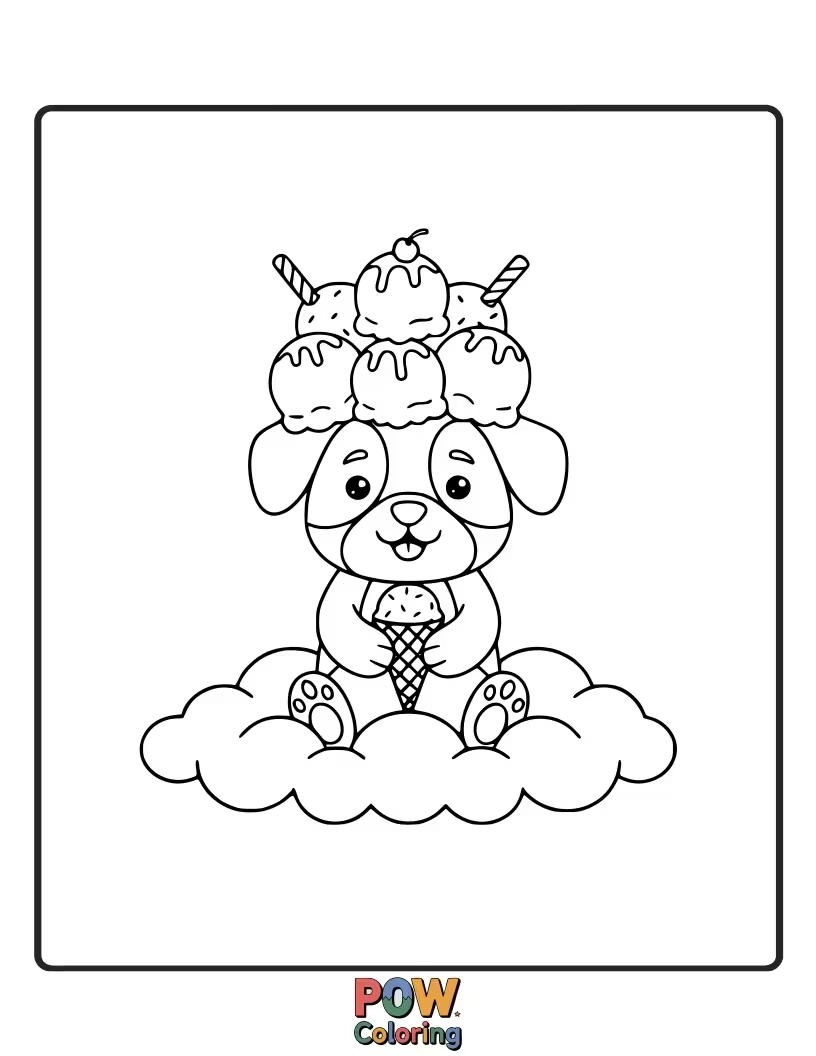 Free coloring page of Funny puppy with a messy face eating a huge ice cream cone.