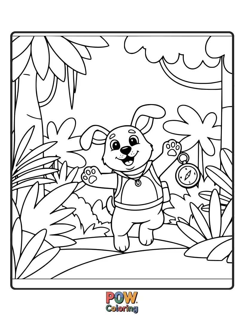Free coloring page of Adventurous puppy exploring a lush jungle with a magnifying glass.