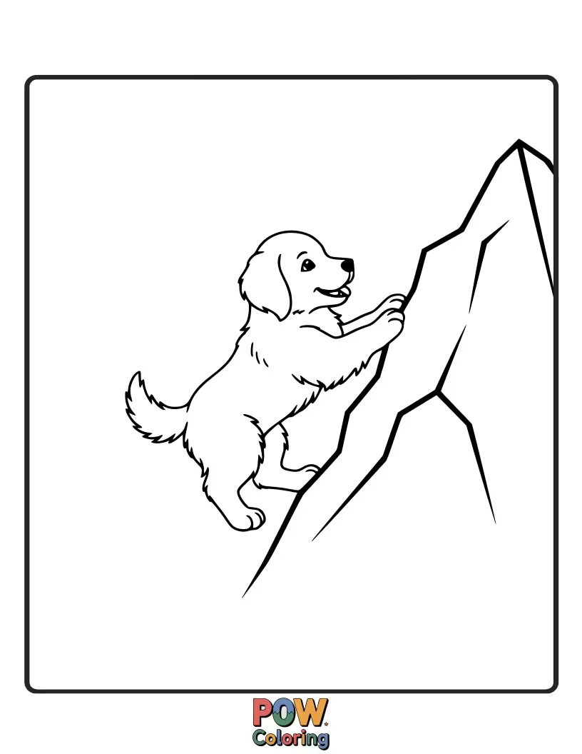 Free coloring page of Cute puppy with a backpack climbing a small, whimsical mountain.