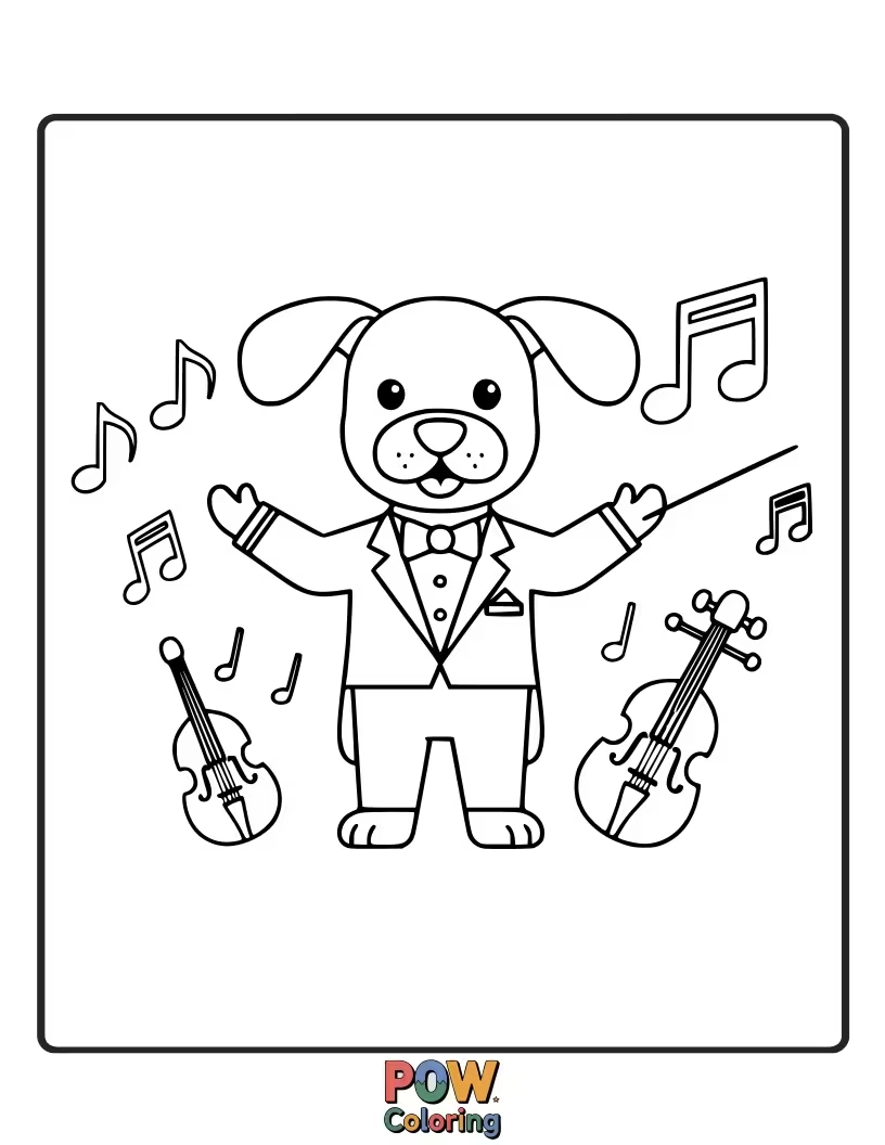 Free coloring page of Adorable puppy playing a piano with a joyful expression.