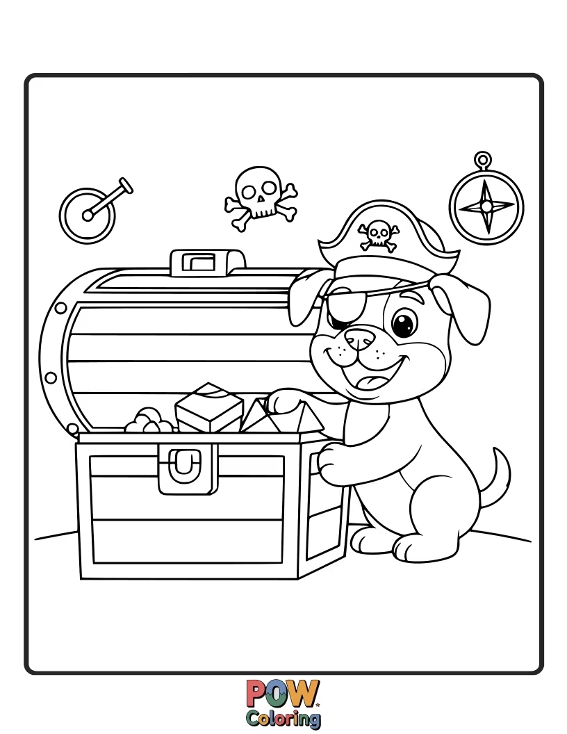 Free coloring page of Cute puppy pirate with an eye patch digging for treasure.