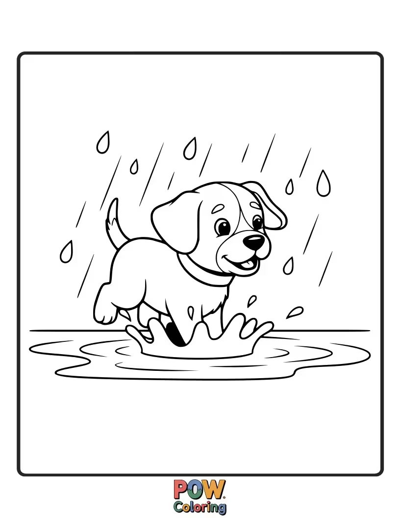 Free coloring page of Energetic puppy splashing in puddles with rain boots and a hat.