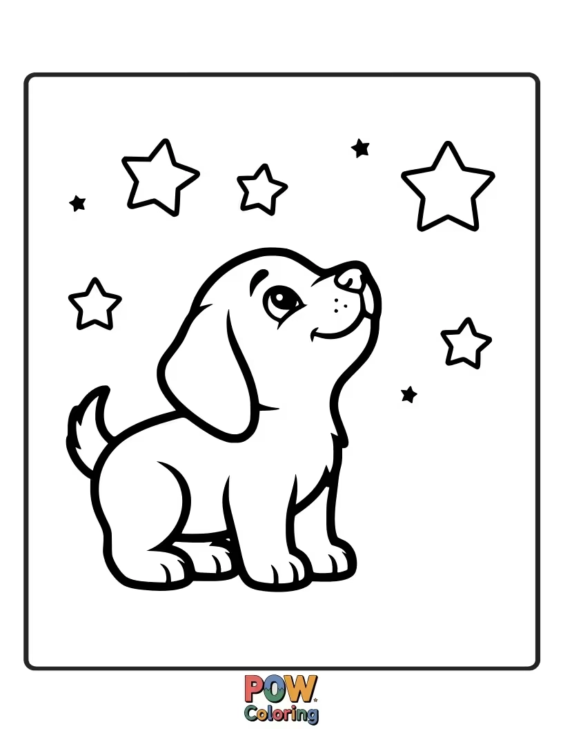 Free coloring page of Little puppy looking up at a magical night sky full of stars.