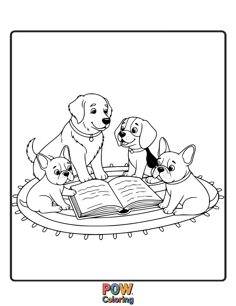 Free coloring page of Two cute puppies listening to an owl reading a book on a log.