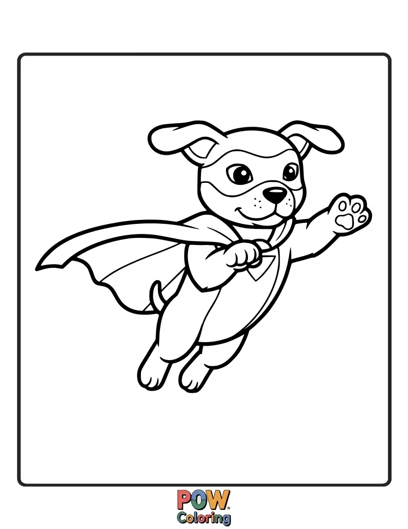 Free coloring page of Little puppy with a red cape flying heroically through the air.