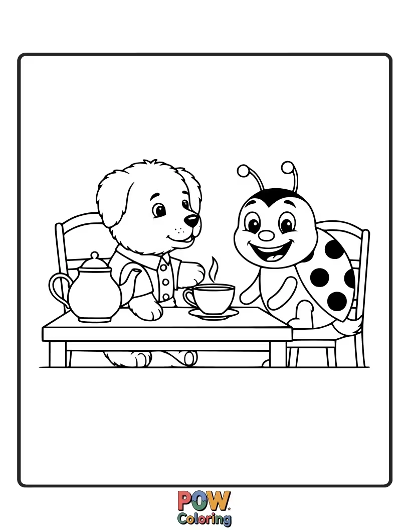 Free coloring page of Sweet puppy attending a charming tea party with tiny teacups.