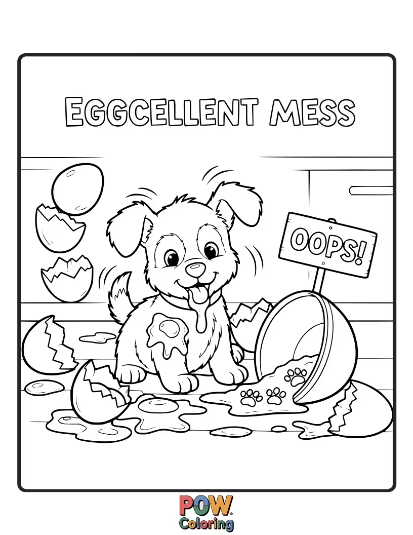Free coloring page of An adorable puppy tangled in ribbons, surrounded by slightly chewed Easter eggs.